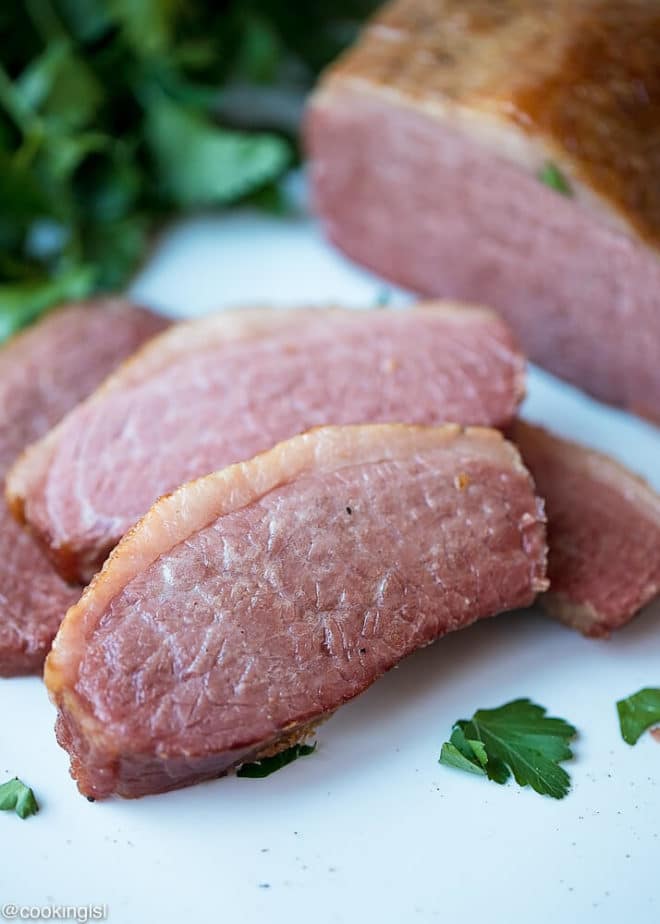 Slow Cooker Corned Beef Recipe, with a crispy outside and juicy outside. Minimal ingredients and prep work.