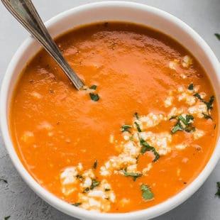 Easy Tomato Feta Soup Recipe in a white bowl