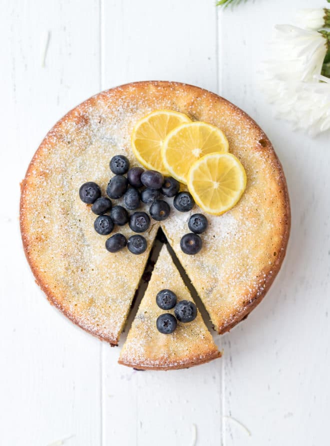 Keto Lemon Cake With Blueberries {Low-Carb, Gluten-Free} on a plate
