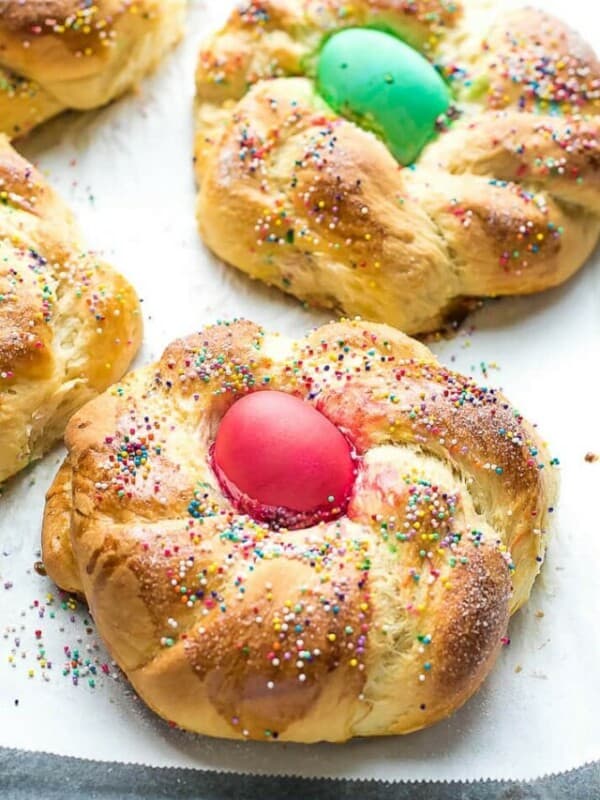 Easter Bread Recipe with colored egg in the middle