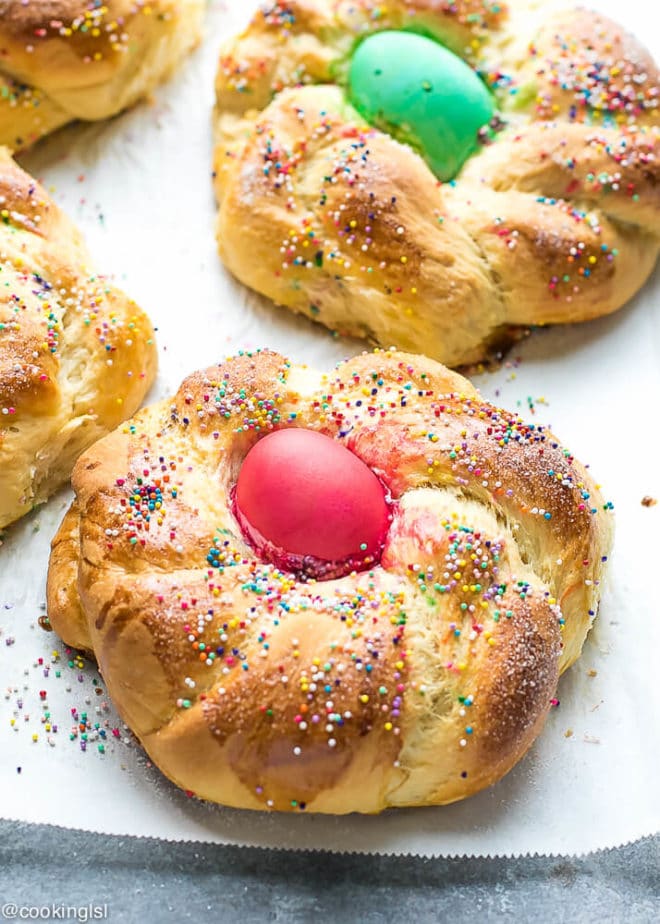 Easter Bread Recipe with colored egg in the middle