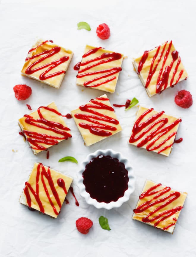 Raspberry Cheesecake Bars - Sugar-Free, Low-Carb, Keto, Gluten-Free with raspberry sauce
