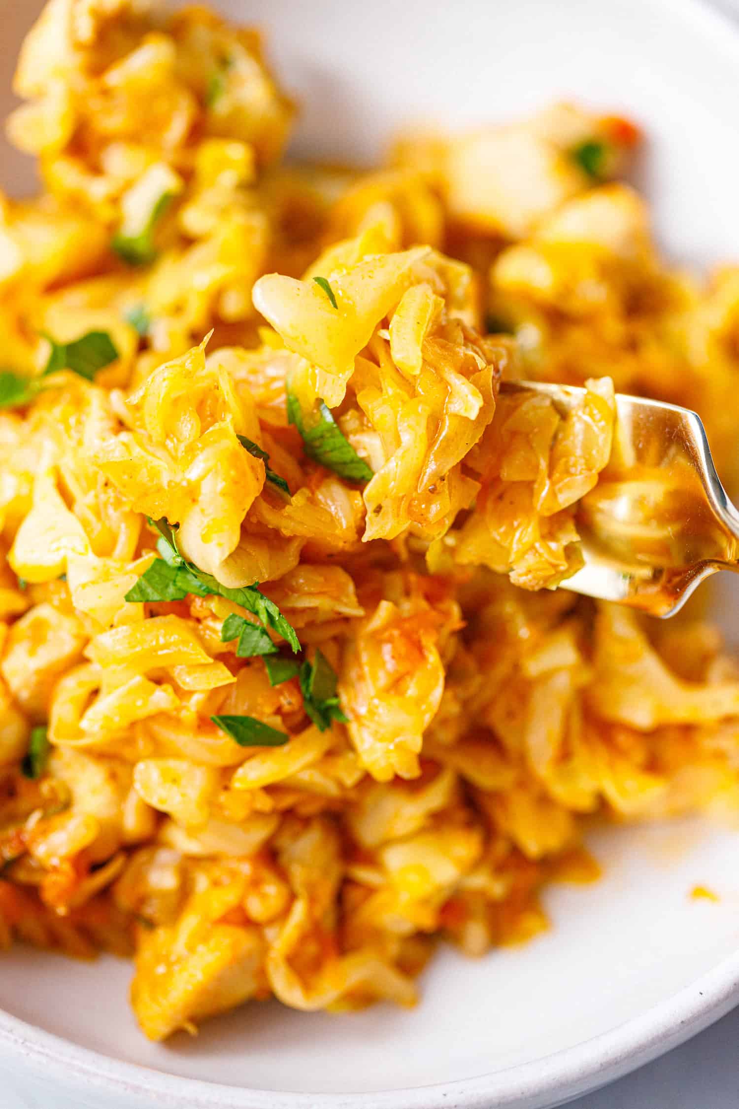 Fork lifting a bite of chicken and cabbage with chopped parsley
