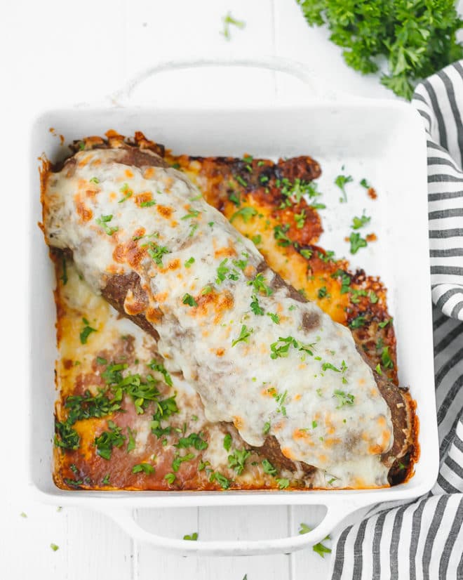 Low-Carb, Keto Stuffed Meatloaf Roll Recipe in a baking dish