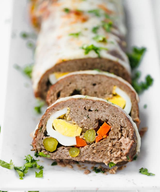 Low-Carb, Keto Stuffed Meatloaf Roll sliced on a plate