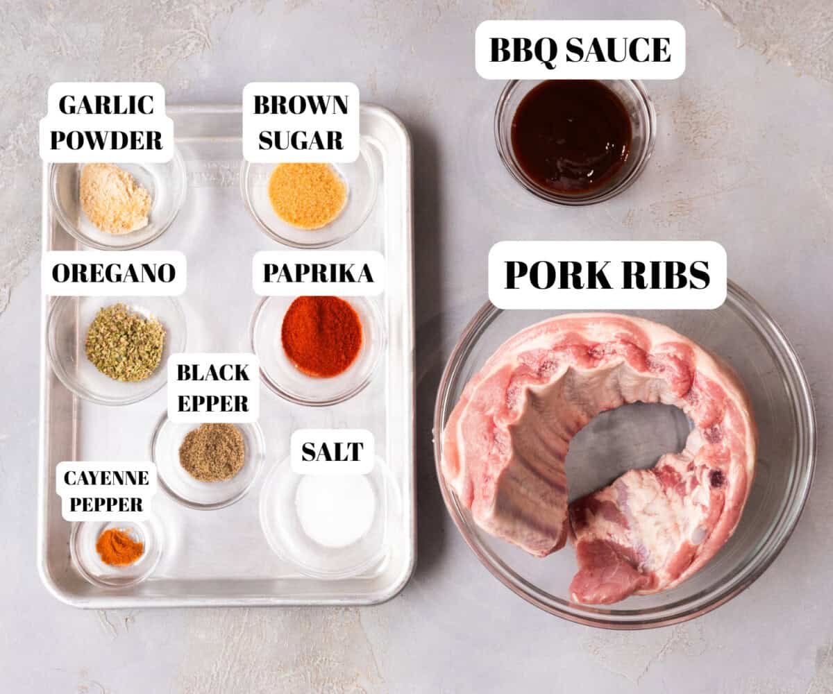 Spices, pork ribs and bbg sauce for Oven baked St. Louis Ribs