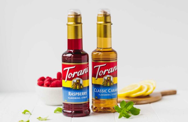 Torani syrups vanilla and raspberry in bottles