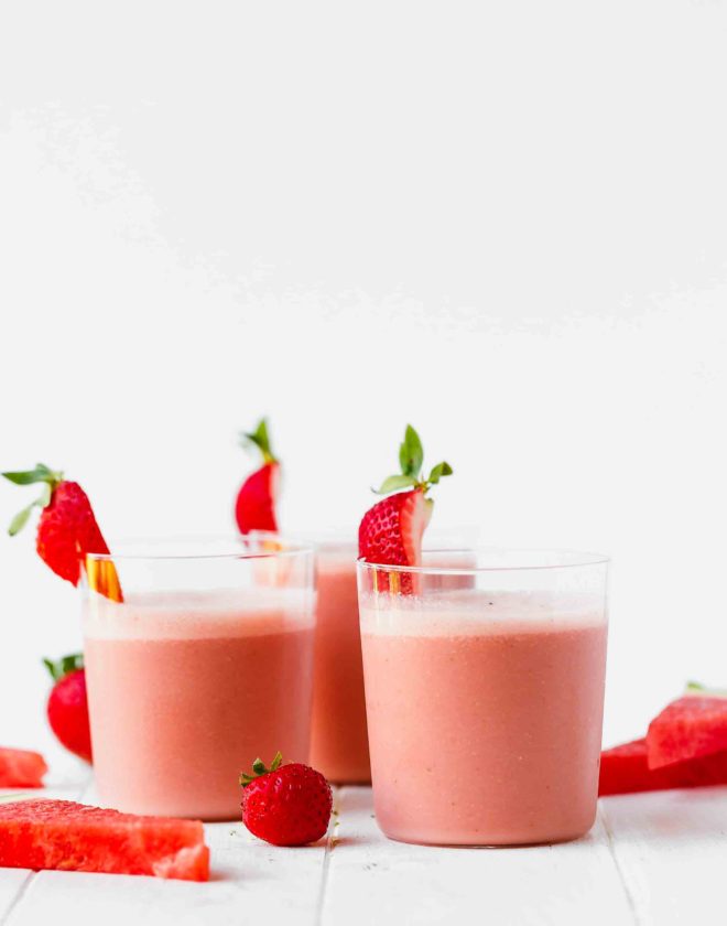 Easy Watermelon Smoothie Recipe in clear glasses