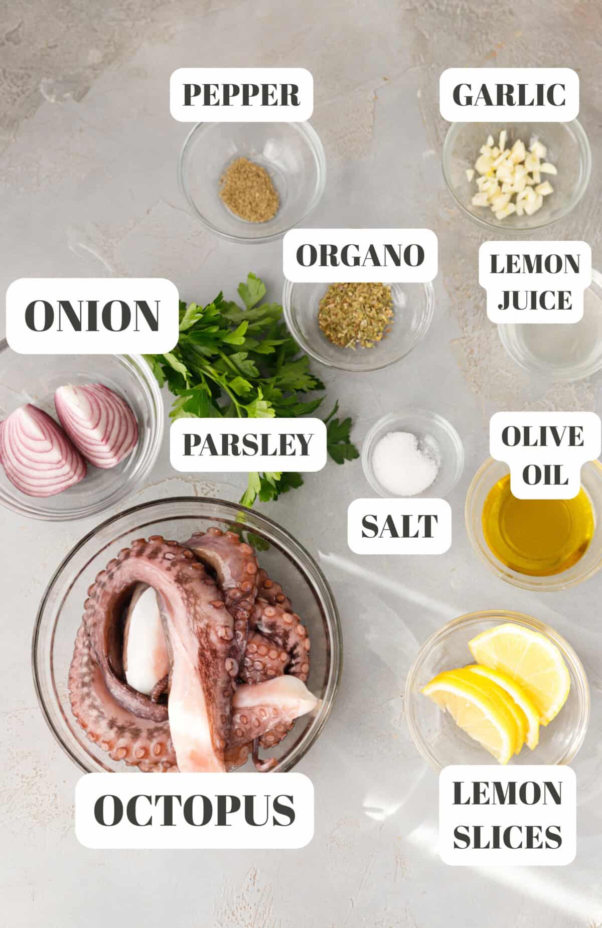 Overhead photo of grilled octopus recipe ingredients arranged on a light background, including raw octopus, lemon slices, red onion, garlic, parsley, oregano, ground pepper, salt, olive oil, and lemon juice, each labeled with bold text.
