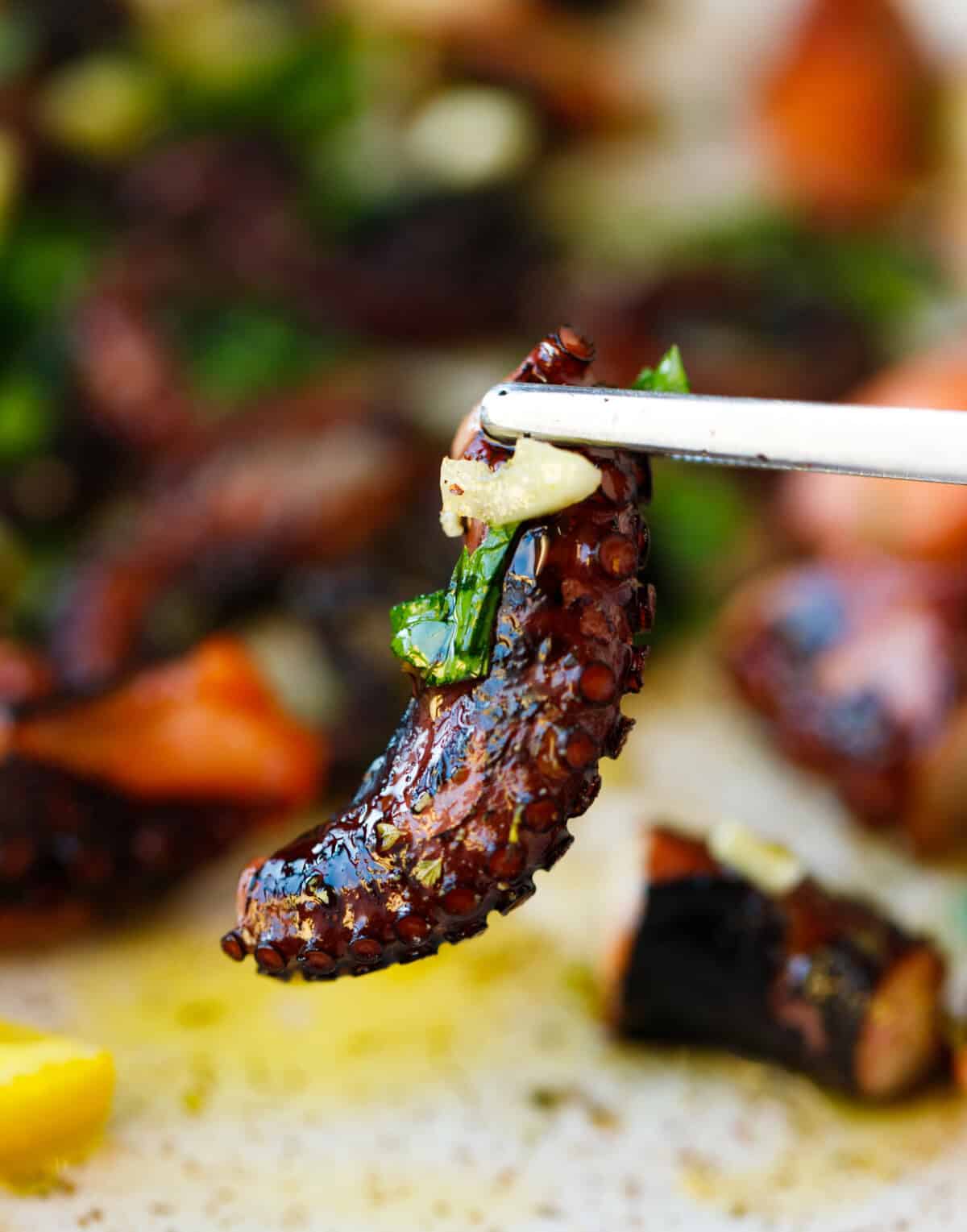 Grilled octopus tentacle on a fork garnished with garlic and parsley.