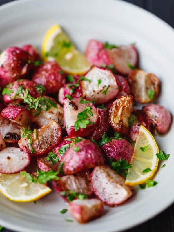 Roasted radishes with lemon in a bowl