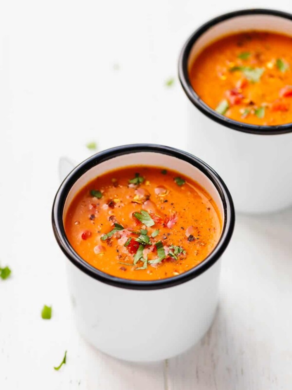Roasted red pepper soup in a white mug