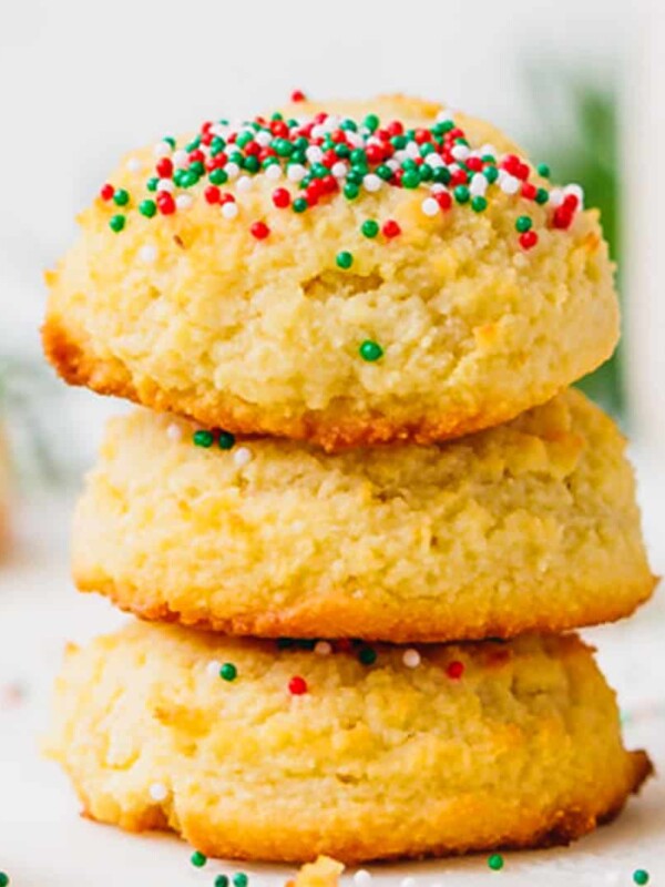 Keto sugar cookies stacked on top of each other