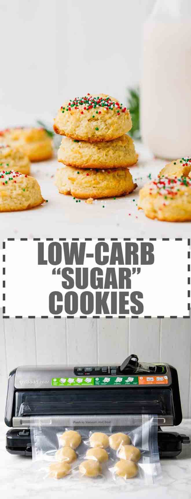 LOW-CARB SUGAR COOKIES WITH SPRINKLES ON TOP OF EACH OTHER ON PARCHMENT PAPER