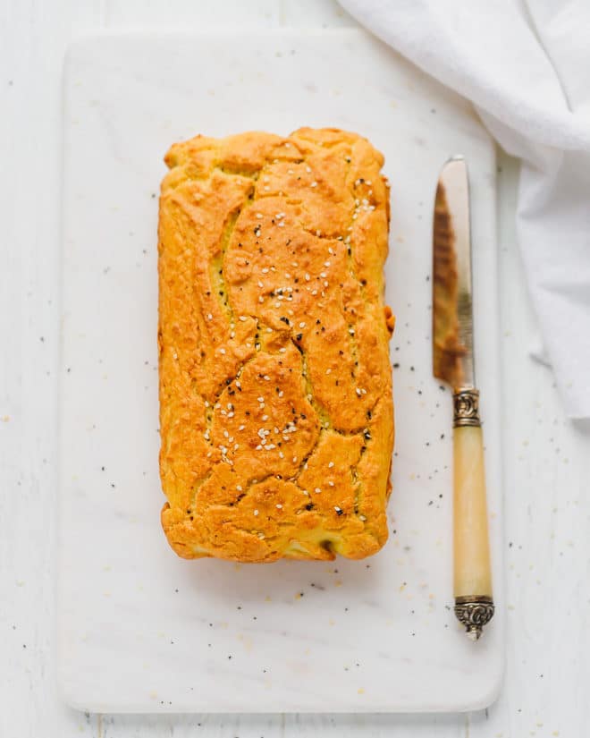 Keto Bread Loaf on a marble cutting board
