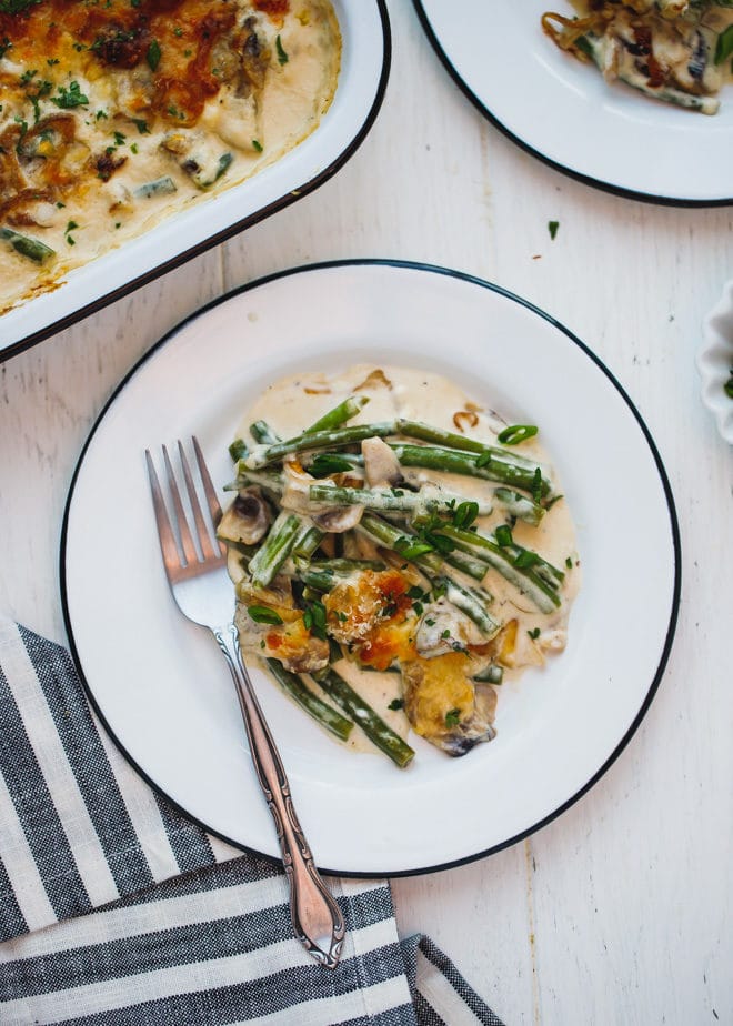 low-carb green bean casserole on a white plate