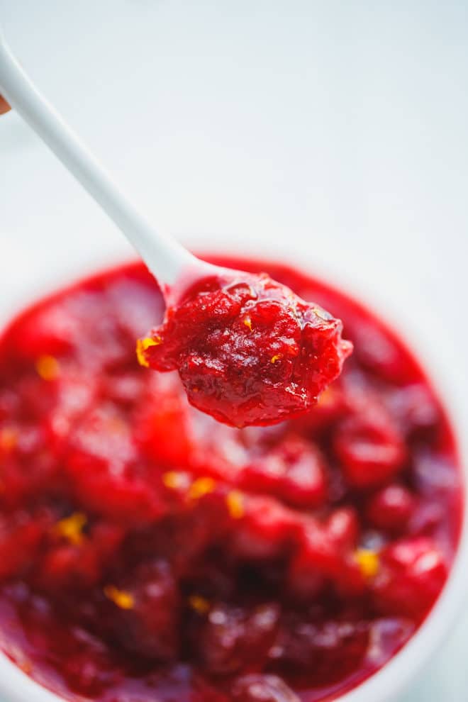 Low-carb, sugar-free cranberry sauce in a spoon