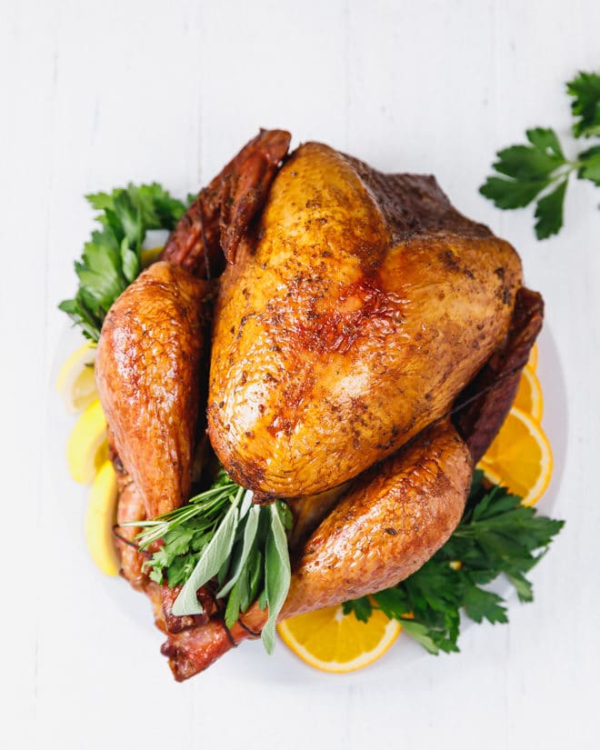 Smoked turkey recipe on a white platter