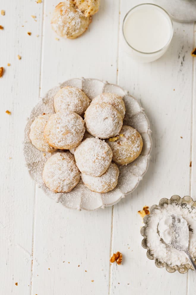 Walnut Snowball Cookies on a white plate