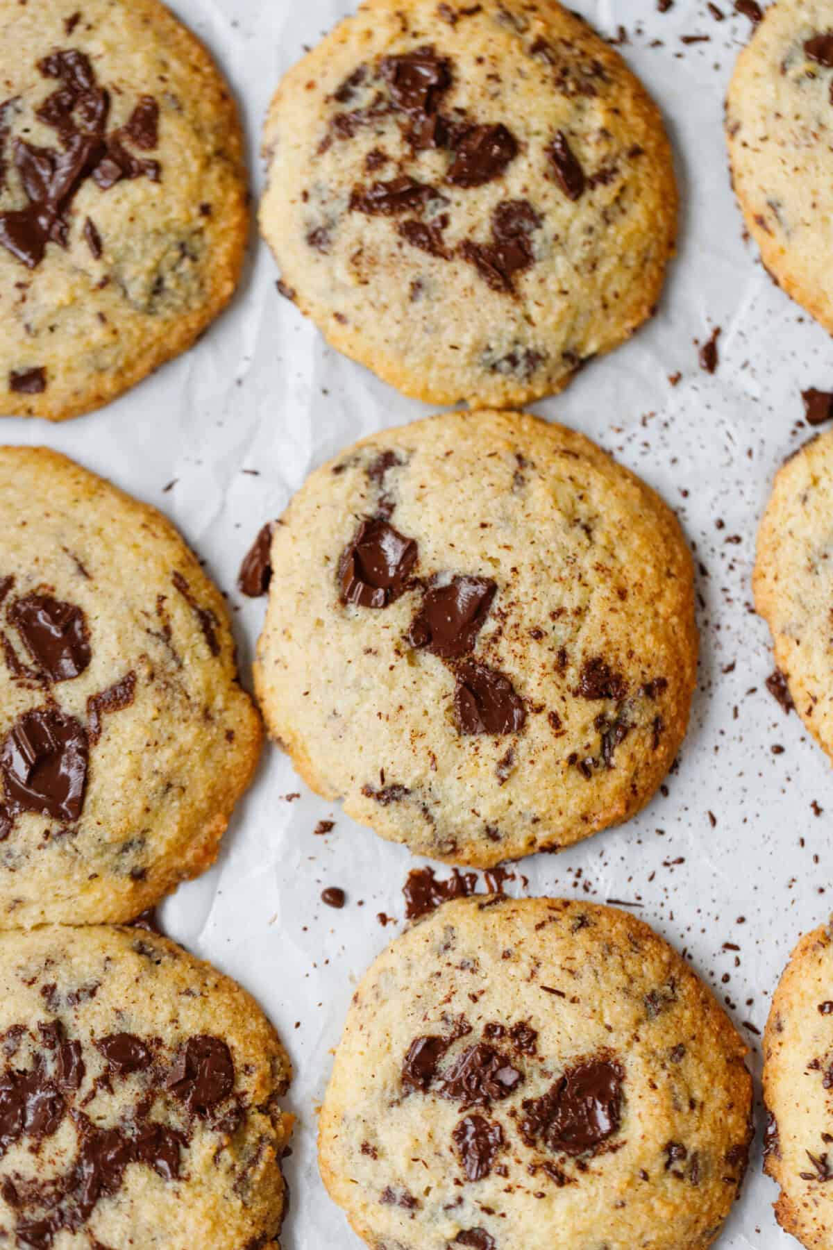 Low-carb chocolate chip cookies close up showing soft texture and melted chocolate pieces