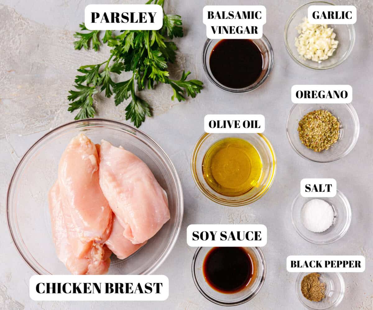 Clear glass bowls with ingredients for Baked Balsamic chicken breast