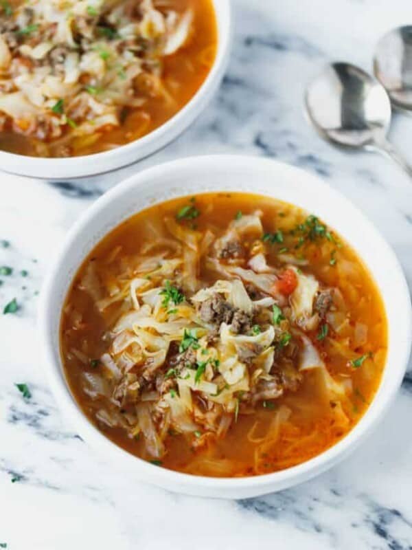 Cabbage and beef soup in a bowl