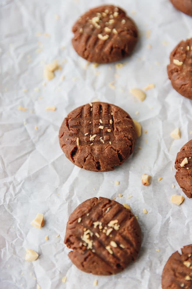 Flourless chocolate peanut butter cookies in parchment paper