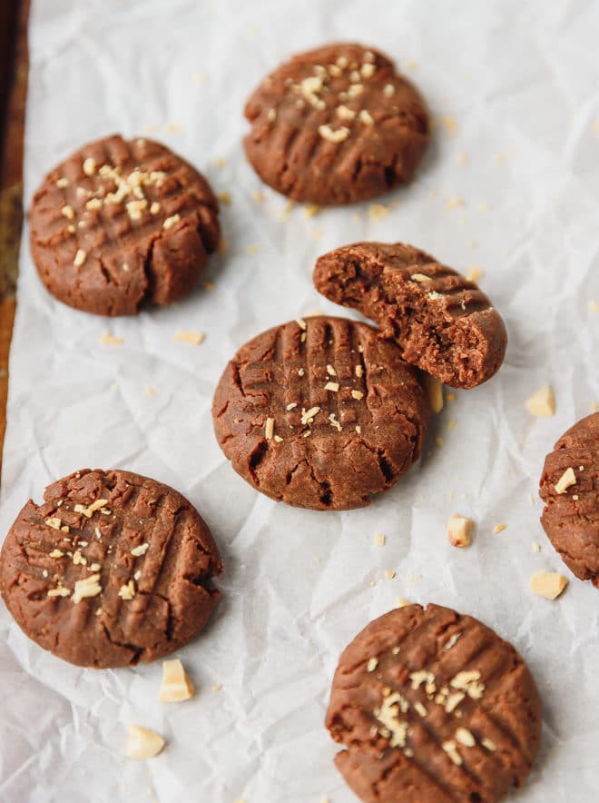 Chocolate peanut butter cookies on a cookie sheet