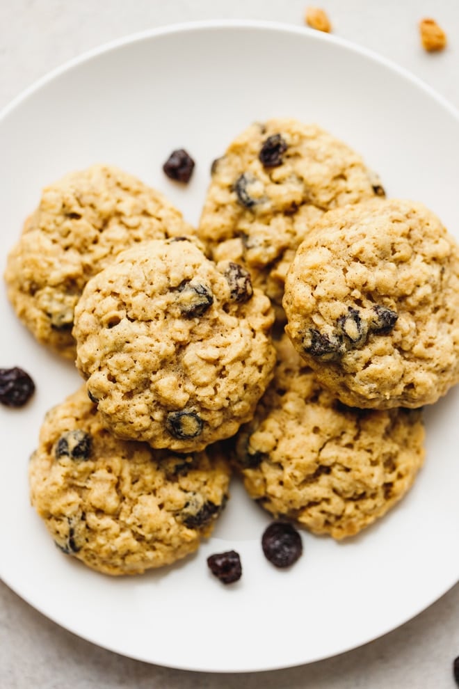 Golden raisin oatmeal cookies on a plate
