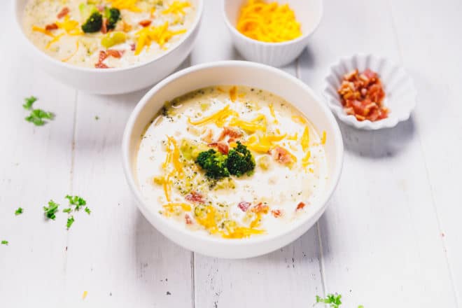 Keto broccoli and cheddar soup in a white bowl
