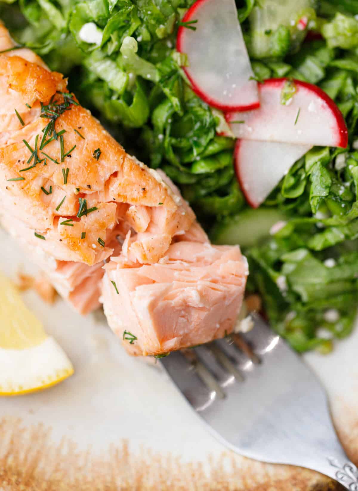 Flaky pan seared salmon on fork with fresh green salad