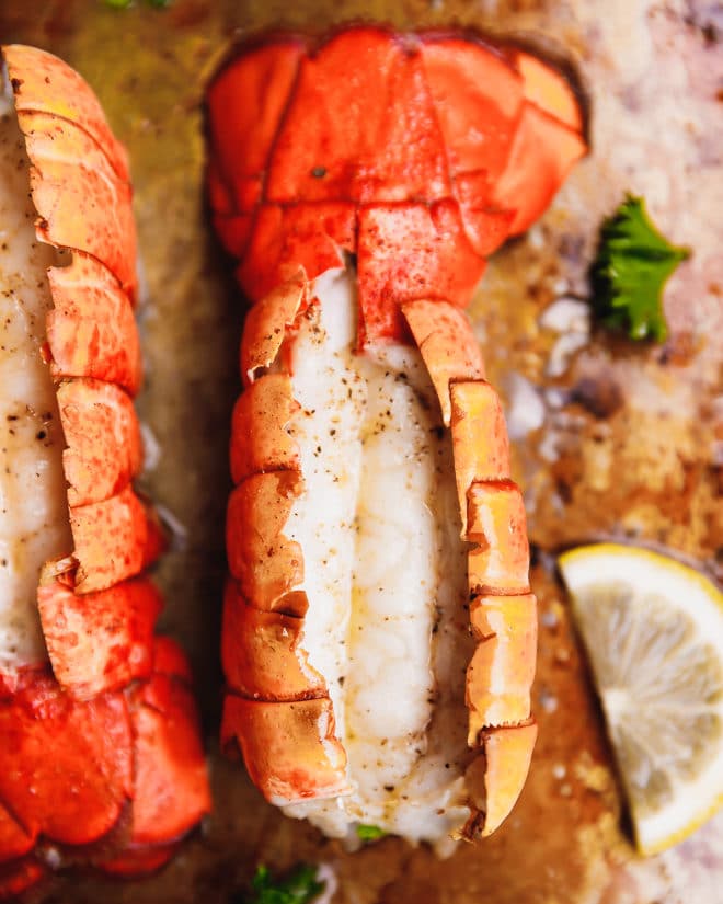 The Best Broiled Lobster Tails on baking sheet