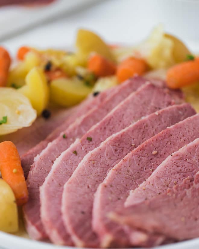 Sliced corned beef on a plate