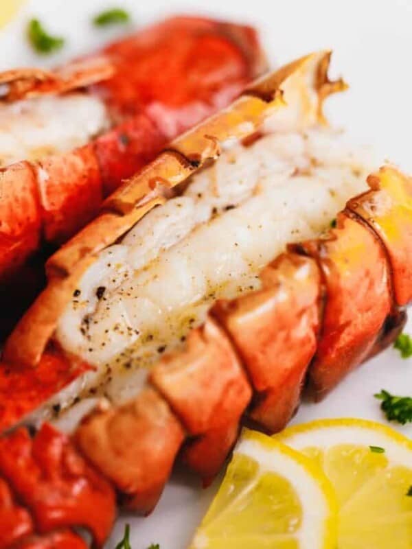 The Best Broiled Lobster Tail on a baking sheet