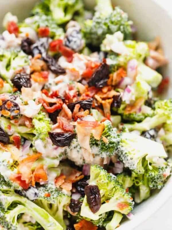Crunchy Keto Broccoli Salad in a ceramic bowl