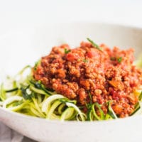 Keto bolognese over zoodles in a bowl