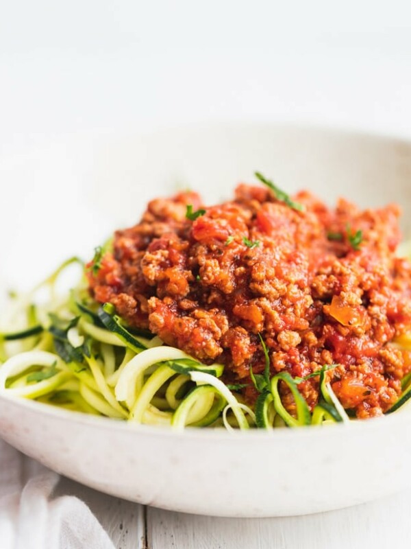 Keto bolognese over zoodles in a bowl