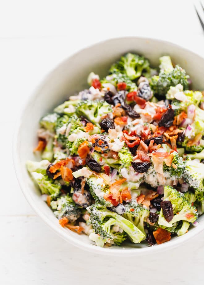 Easy Keto Broccoli Salad in a white bowl