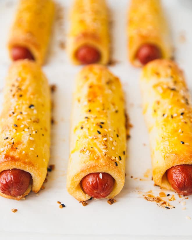 Keto hot dogs on a baking sheet