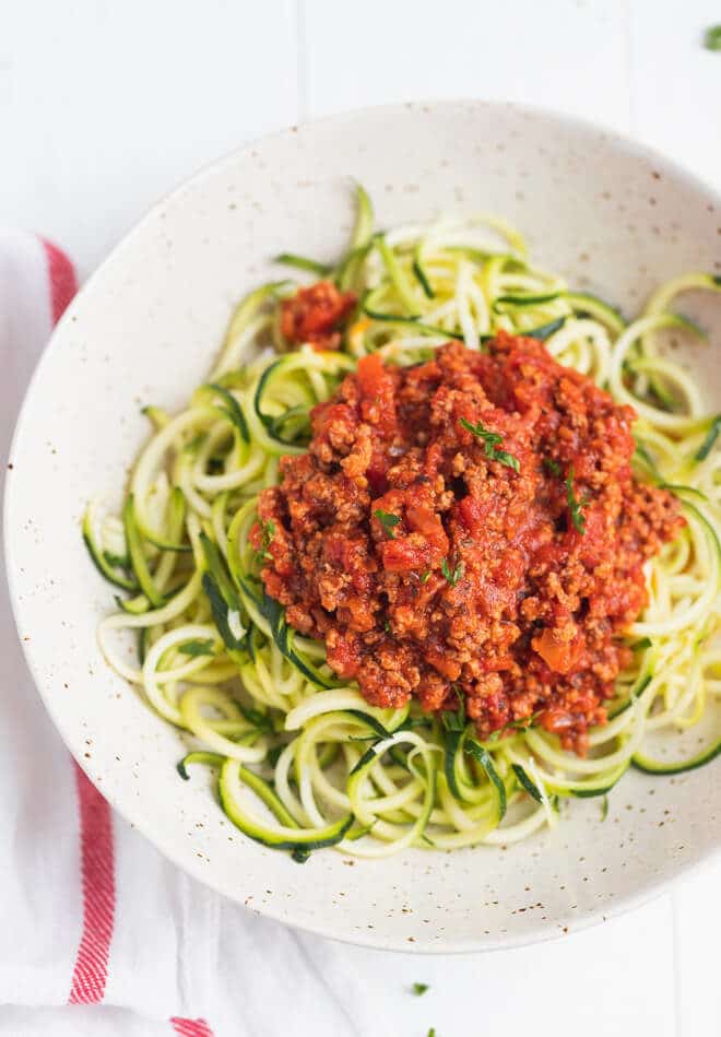 Keto Bolognese over zucchini noodles in a pasta bowl
