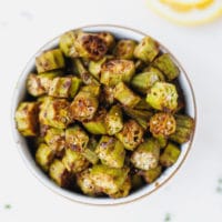 OVEN BAKED OKRA ON A WHITE BOWL