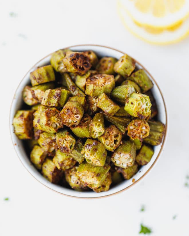 OVEN BAKED OKRA ON A WHITE BOWL