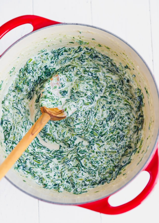 Creamed spinach in a Dutch oven