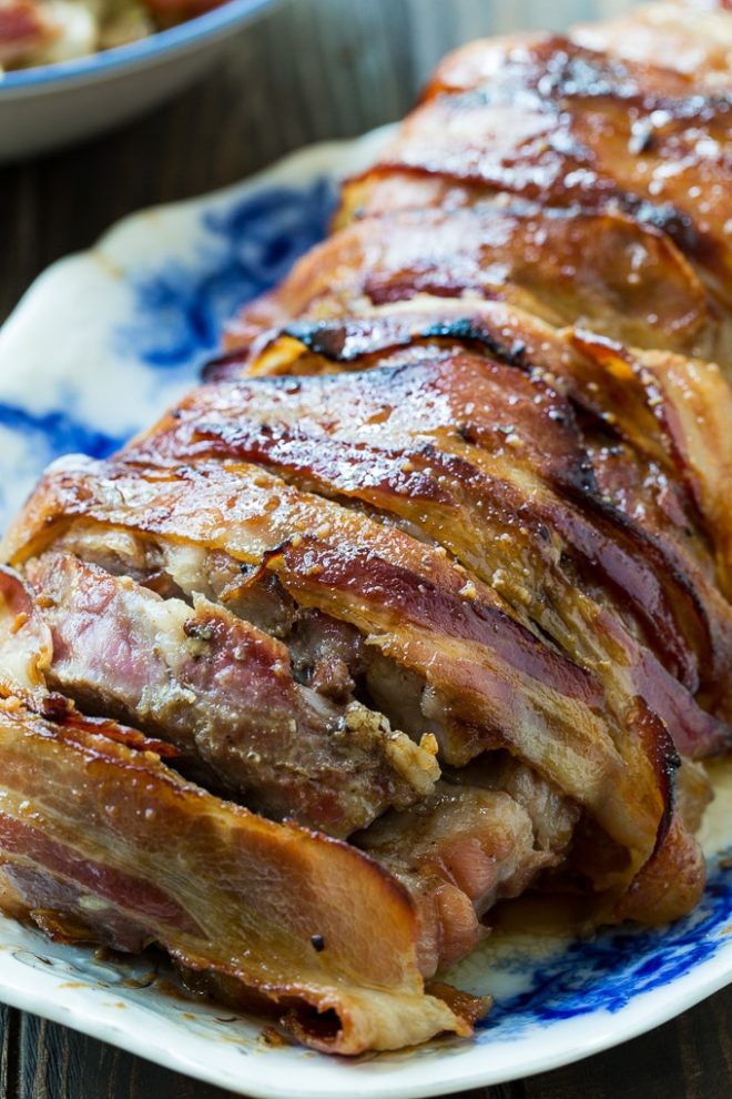 Bacon Wrapped Pork Tenderloin on a plate