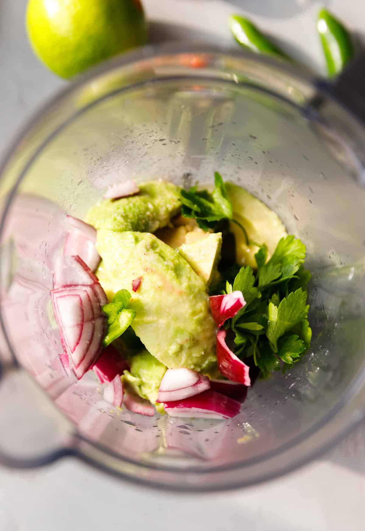 Avocado, red onion, jalapeño and cilantro inside a blender ready to make homemade guacamole.