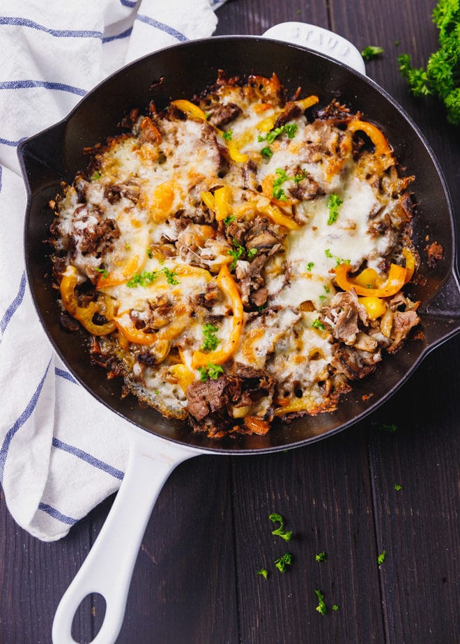 Philly cheesesteak without bread in a skillet