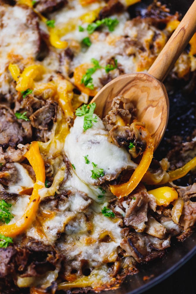 Low Carb Philly Cheesesteak Skillet with wooden spoon