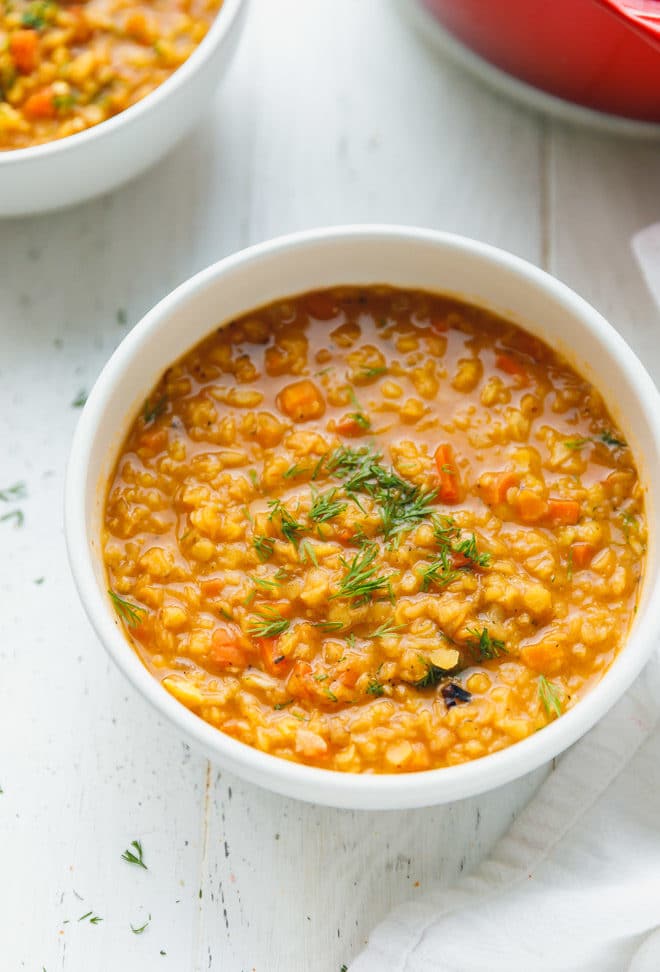 Easy red lentil soup in a white bowl