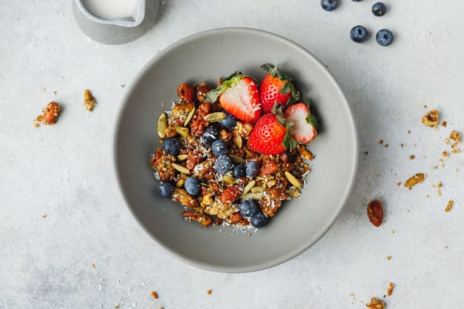 Keto low-carb granola in a gray bowl