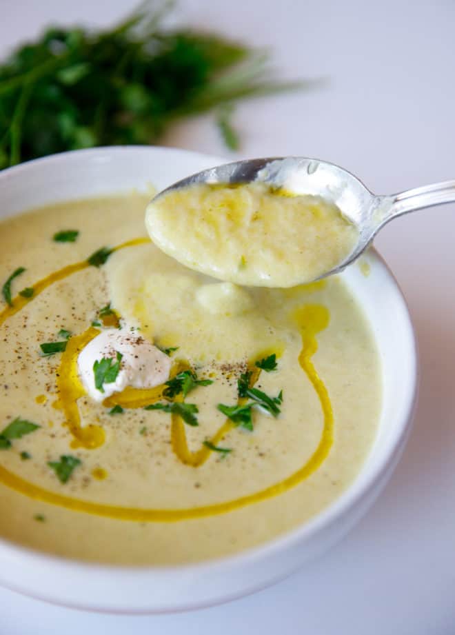 A spoonfull of creamy zucchini soup